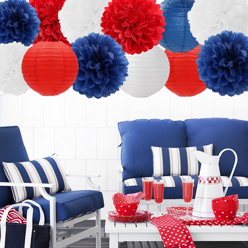 Hugfond Fourth-4th Of July Imemorial-Day Party-Decorations - 15pcs Red White Blue Paper-Flowers Lanterns,Patriotic Graduation Tissue Pom Poms Streamers,Independence Veterans Hanging Supplies Decor Hugfond - Image 4